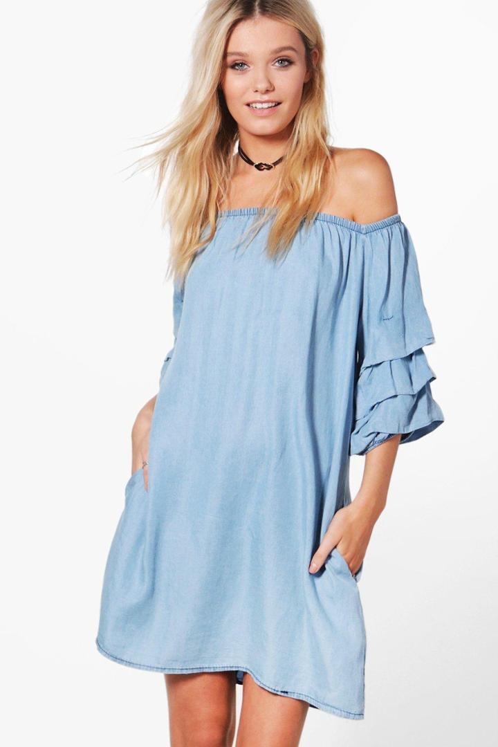 Boohoo Elly Ruffle Denim Dress Blue