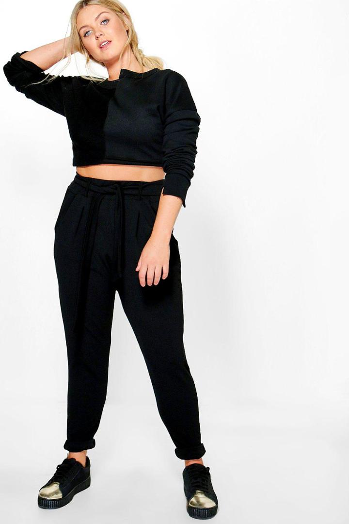 Boohoo Plus Jenni Bow Tie Waist Pleat Front Trouser Black
