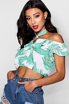 Boohoo Immie Palm Print Woven Metal Trim Crop