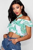 Boohoo Immie Palm Print Woven Metal Trim Crop
