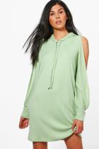 Boohoo Carmen Cold Shoulder Fine Knit Hoody Dress Sage