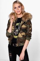Boohoo Erin Camo Bomber Faux Fur Hood Natural