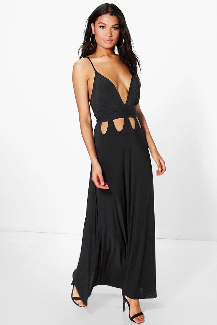 Boohoo Ari Gathered Waist Cut Out Detail Slinky Maxi Dress Black