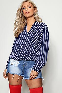 Boohoo Plus Marnie Wrap Stripe Blouse