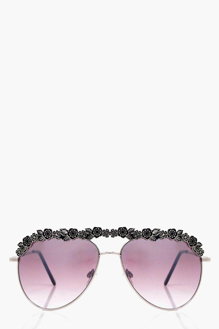 Boohoo Megan Floral Aviator Sunglasses Silver