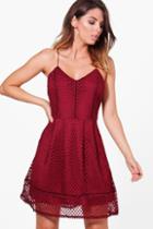 Boohoo Caitlin Strappy Mesh Pattern Dress Wine
