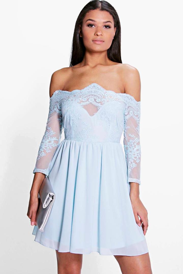 Boohoo Boutique Ria Embroidered Mesh Skater Dress Sky