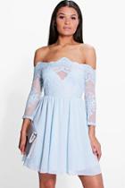 Boohoo Boutique Ria Embroidered Mesh Skater Dress Sky