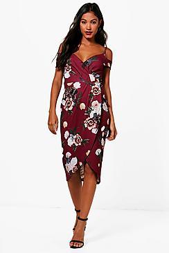 Boohoo Charlie Open Shoulder Floral Wrap Midi Dress