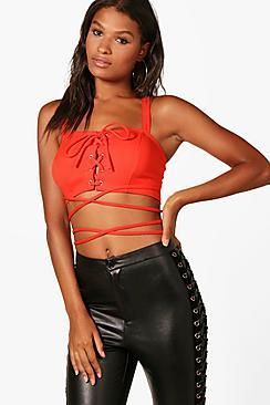 Boohoo Nadia Lace Up Tie Waist Crepe Crop Top
