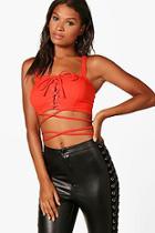 Boohoo Nadia Lace Up Tie Waist Crepe Crop Top