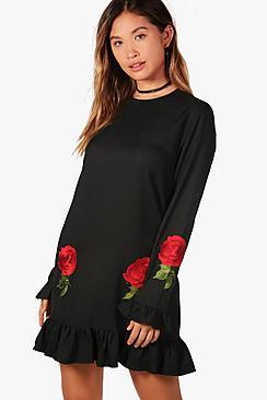 Boohoo Louisa Drop Hem Embroidered Shift Dress