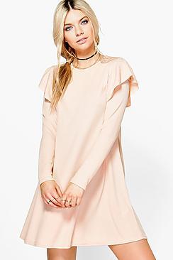 Boohoo Alice Ruffle Shoulder Rib Knit Swing Dress