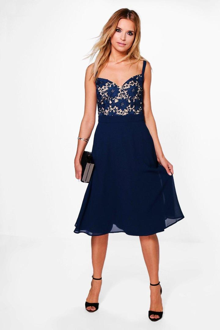 Boohoo Boutique Lo Crochet Chiffon Skater Midi Dress Navy