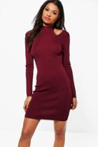 Boohoo Lottie High Neck Cold Shoulder Knitted Dress Wine