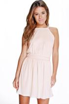 Boohoo Petite Zoe Plait Detail Halter Neck Skater Dress Nude