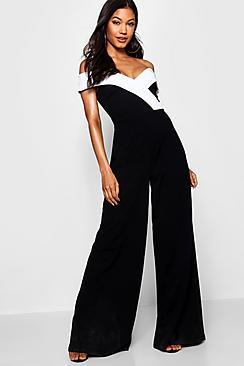 Boohoo Contrast Lapel Bardot Jumpsuit
