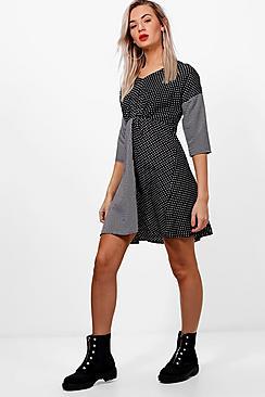 Boohoo Stripe And Spot Woven Skater Dress