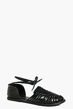 Boohoo Violet Leather Woven Flats With Ankle Tie