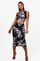 Boohoo Lily Printed Velvet Cut Out Ruched Midi Dress