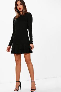 Boohoo Lucy Ruffle Hem Long Sleeve Dress
