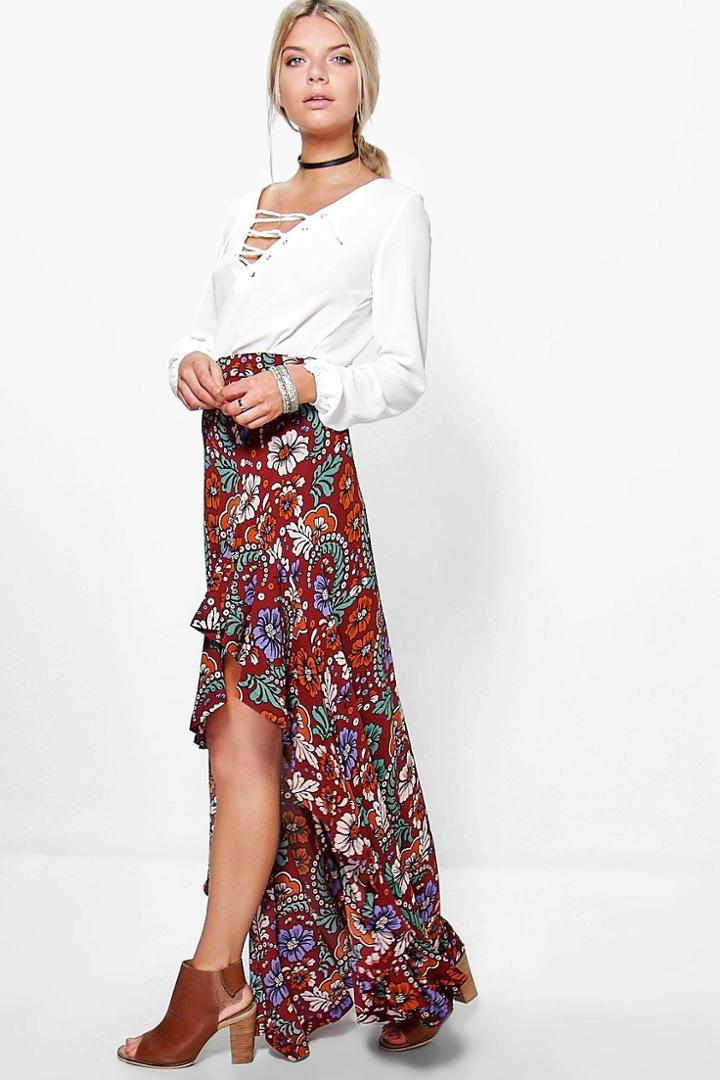 Boohoo Zala Ruffle Side Bohemian Maxi Skirt Berry