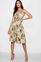 Boohoo Riv Strappy Palm Print Tie Midi Skater Dress