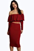 Boohoo Lory Frill Crop Top Midi Skirt Co-ord Set Berry
