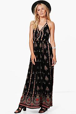 Boohoo Eliza Cut Out Front Border Print Maxi Dress