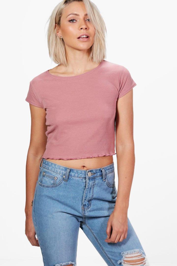 Boohoo Stephanie Short Sleeve Lettuce Hem Knitted T-shirt Blush