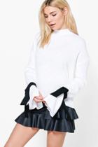 Boohoo Jennifer Contrast Tie Cuff Rib Knit Jumper White