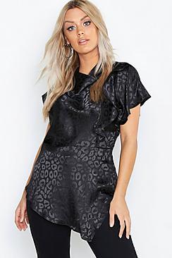 Boohoo Plus Satin Leopard Jaquard Cowl Neck Blouse