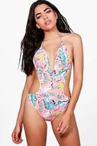 Boohoo Hawaii Neon Leaf Lace Cut Out Swimsuit
