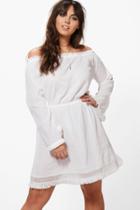Boohoo Plus Tasha Crochet Lace Trim Skater Dress White