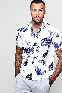 Boohoo Palm Print Short Sleeve Satin Revere Shirt