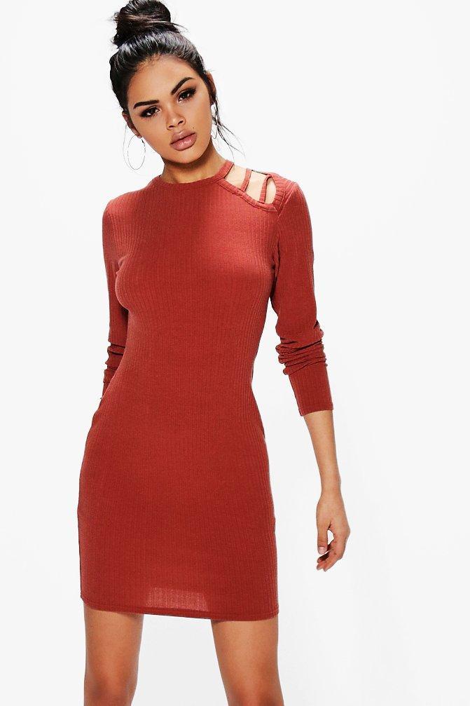 Boohoo Jasmine Strappy Cold Shoulder Rib Knit Dress Cinnamon