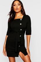 Boohoo Gold Button Crepe Square Neck Shift Dress