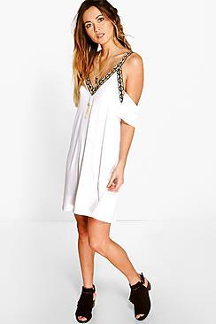 Boohoo Cold Shoulder Aztec Detail Strappy Dress