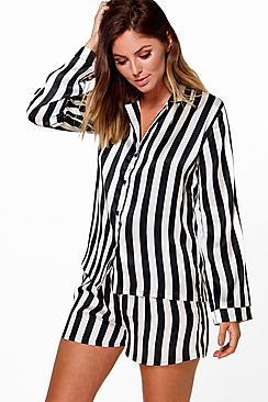 Boohoo Amy Satin Stripe Print Long Sleeve And Short Pj Set