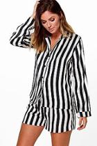 Boohoo Amy Satin Stripe Print Long Sleeve And Short Pj Set