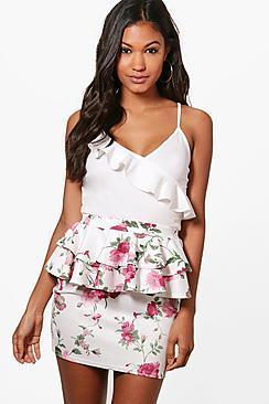 Boohoo Clara Floral Double Ruffle Mini Skirt