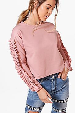 Boohoo Petite Tasha Ruffle Sleeve Loop Back Sweat