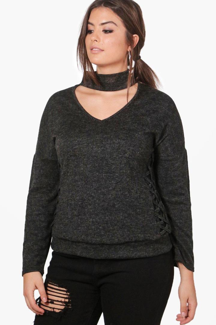 Boohoo Plus Ellie Lace Up Side Choker Sweat Top Black