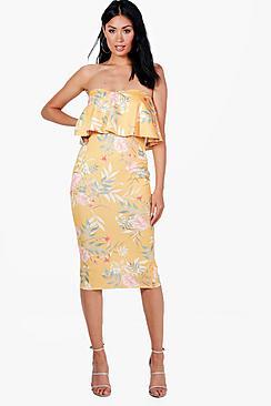 Boohoo Maisie Floral Print Bandeau Frill Midi Dress