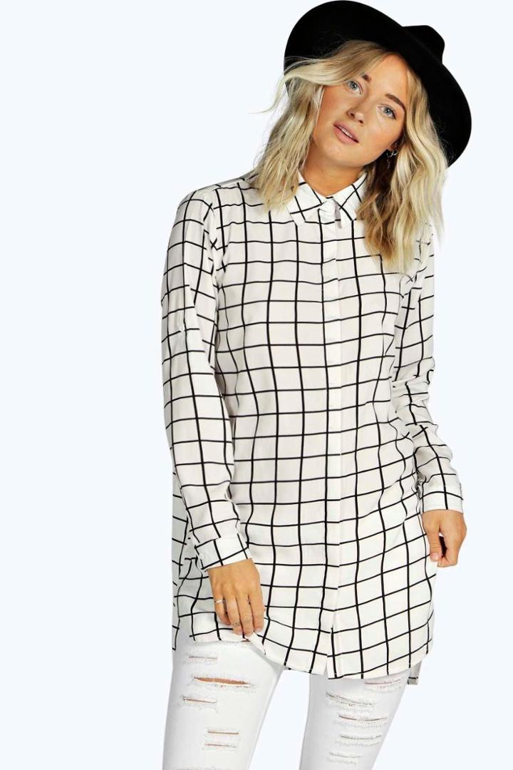 Boohoo Lily Grid Check Longline Shirt White