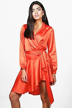 Boohoo Boutique Alice Satin Wrap Skater Dress