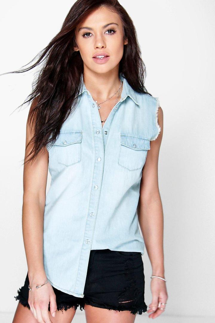 Boohoo Angela Light Wash Sleeveless Denim Shirt Blue