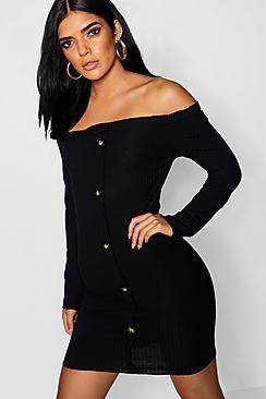 Boohoo Horn Button Off The Shoulder Rib Dress
