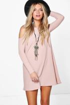 Boohoo Lily Cold Shoulder Soft Knit Rib Swing Dress Nude