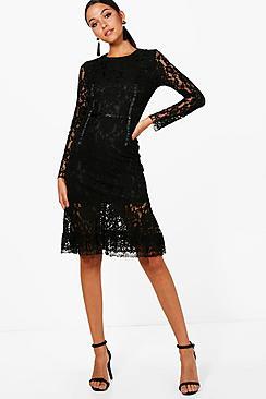 Boohoo Leah Embroidery Lace Fluted Hem Midi Dress